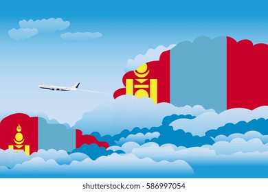 Clouds with Mongolia Flags, Aeroplane Flying