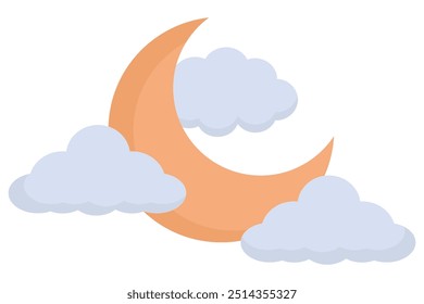 Nubes y luna ilustración de dibujos animados aislados sobre fondo blanco.