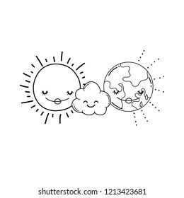 Clouds and moon cute cartoons in black and white