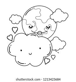 Clouds and moon cute cartoons in black and white