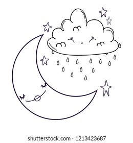 Clouds and moon cute cartoons in black and white
