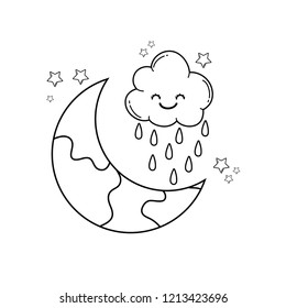 Clouds and moon cute cartoons in black and white