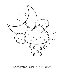Clouds and moon cute cartoons in black and white