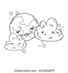 Clouds and moon cute cartoons in black and white