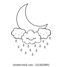 Clouds and moon cute cartoons in black and white