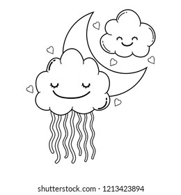 Clouds and moon cute cartoons in black and white