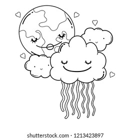 Clouds and moon cute cartoons in black and white