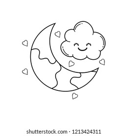 Clouds and moon cute cartoons in black and white