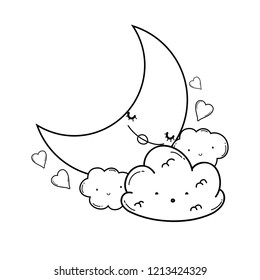 Clouds and moon cute cartoons in black and white