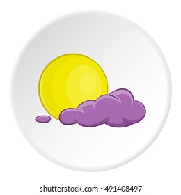 Clouds and moon icon in cartoon style on white circle background. Night sky symbol vector illustration