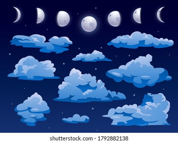 Wolken und Mond im nächtlichen Himmel, Vektorgrafik-Hintergrund. nächtliche Wolkendecke mit abstrakten Formen, flauschige Wolken und Mond in Mondphasen, Vollmond und Halbmond