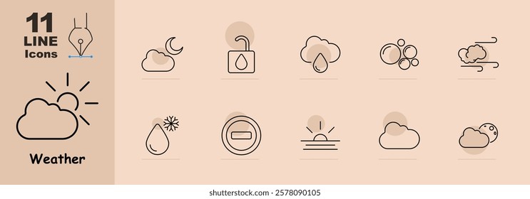 Clouds, moon, raindrop, snowflake, fog, wind, and sun. Represents atmospheric and seasonal conditions.