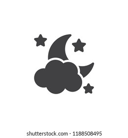 Clouds moon stars vector icon. filled flat sign for mobile concept and web design. Night or sleep simple solid icon. Cloudy night symbol, logo illustration. Pixel perfect vector graphics