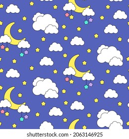 Clouds, moon and stars. Vector seamless pattern with cute cartoon elements. Best for textile, wallpapers and  nursery decoration.