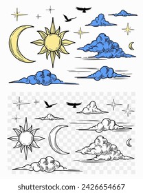 Clouds and moon, sun, sky set vector illustrations, hand drawn, sketch, black outline, engraving style