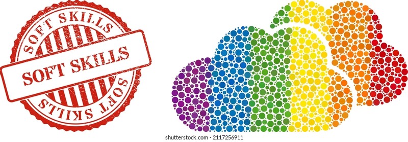 Clouds mosaic icon of spheric blots in different sizes and spectrum colorful color hues. Red rounded rubber watermark with Soft Skills caption. A dotted LGBT- colored clouds for lesbians, gays,