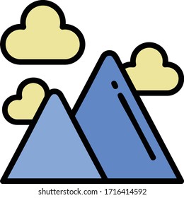 Clouds und Mountainbike-Vektorillustration-Farbsymbol, Campingplatz-Design-Konzept für Wetterzeichen, Hill-Station auf weißem Hintergrund,