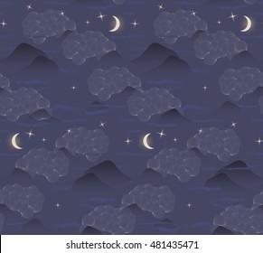 Clouds mountains moon stars.Seamless pattern.  