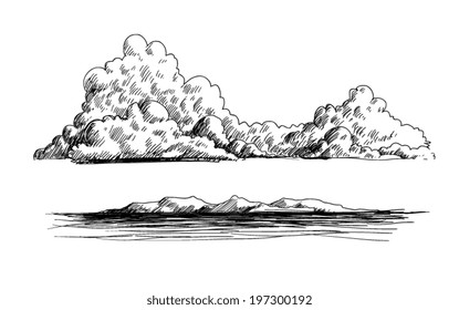 clouds, mountains and ocean doodle illustration