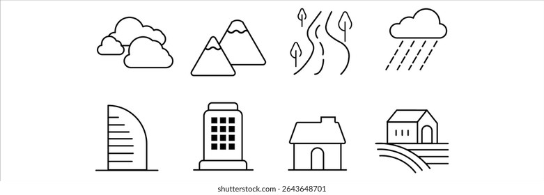 Clouds mountains rain forest and houses simple minimal linear icon vector illustration for commercial use design and creative projects.