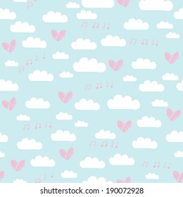 Clouds, music and hearts  seamless background