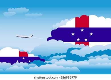  Clouds with Netherlands Antilles Flags, Aeroplane Flying