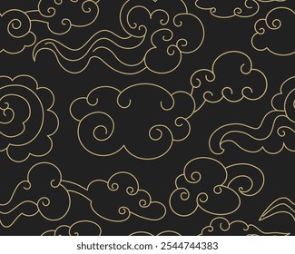  Nubes en el cielo nocturno. Abstractas patrón sin fisuras en estilo oriental. Marco mágico chino decorativo. Ilustración vectorial.