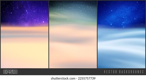 Clouds and night starry sky. Natural background set. Pastel fog waves