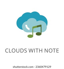 Clouds with note as music symbol for UI flat vector icon. Cartoon drawing or illustration of symbol for UI, application or website on white background. Technology, user interface, media concept