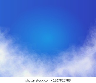 Clouds on blue background, smoke effect. Realistic fog vector illustration
