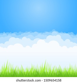 Clouds on blue sky with green grass background. Vector flat air white cloud cartoon on sky horizon. Design poster, flyers, postcard, web banner. Seamless colored abstract fluffy pattern
