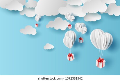Clouds on blue sky. Landscape view Summer season concept.White balloons gift box floating on air.Creative design by digital paper cut and craft style. Holiday background Vector. illustration. EPS10