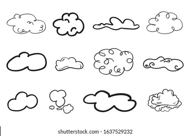 Clouds on isolated white background. Doodles on white. Hand drawn line art. Nature concept