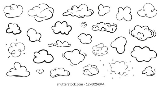Clouds on isolation background. Doodles on white. Hand drawn line art. Black and white illustration. Sketches for artwork