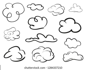 Clouds on isolation background. Doodles on white. Hand drawn line art. Black and white illustration. Sketches for artwork