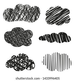 Clouds on isolation background. Doodles on white. Hand drawn line art. Black and white illustration
