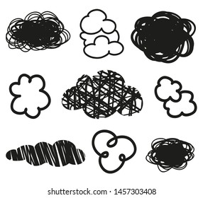 Clouds on isolation background. Doodles on white. Hand drawn line art. Black and white illustration