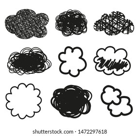 Clouds on isolation background. Doodles on white. Hand drawn line art. Black and white illustration