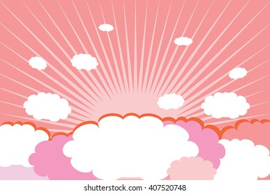 Clouds on pink sunburst sky background - vector illustration of decorative white, pink,  clouds and shiny sky. Soft pink colors - sunset retro background. Eps 8.
