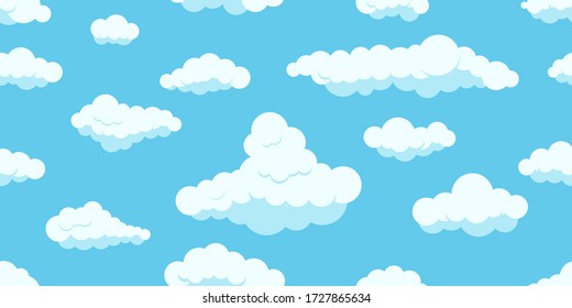 Clouds on sky horizontal seamless pattern. White different form fluffy clouds on blue heaven background. Vector flat cartoon style abstract endless texture for web, covers, decoration, print design.