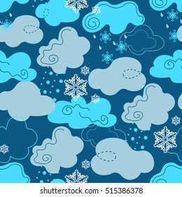 Clouds on the sky. Rain and snow-flakes and rain drops seamless pattern.