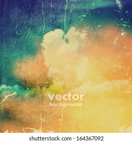 clouds on a textured vintage paper vector background, with grunge stains