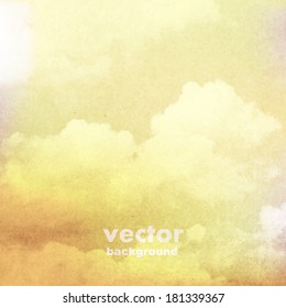 clouds on a textured vintage paper vector background, with grunge stains