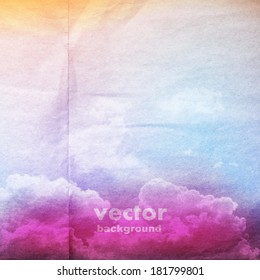 clouds on a textured vintage paper vector background, with grunge stains