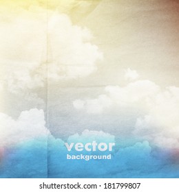 clouds on a textured vintage paper vector background, with grunge stains