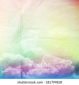 clouds on a textured vintage paper vector background, with grunge stains