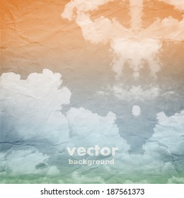 clouds on a textured vintage paper vector background, with grunge stains