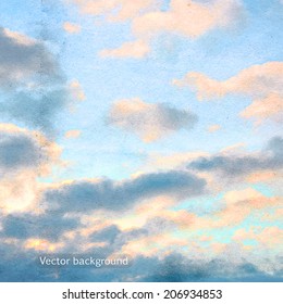 clouds on a textured vintage paper vector background, with grunge stains