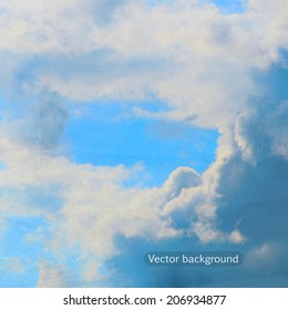 clouds on a textured vintage paper vector background, with grunge stains