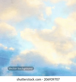 clouds on a textured vintage paper vector background, with grunge stains